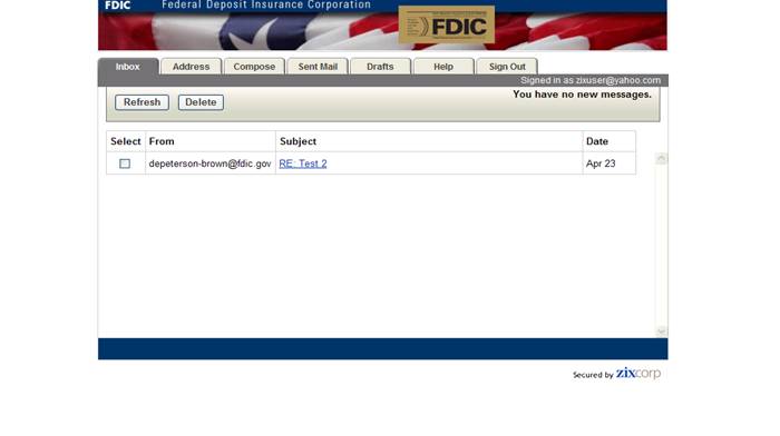 Figure 3: FDIC Secure Email Message Center Messages Inbox.