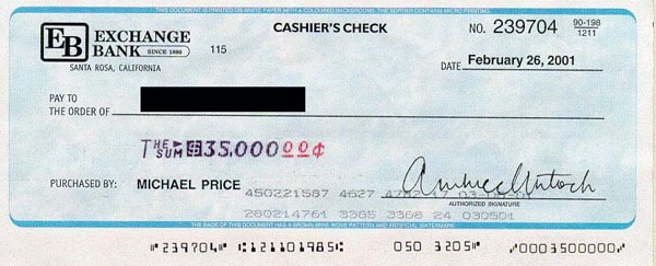 Counterfeit Cashier's check from the Exchange bank in Santa Rosa, California.