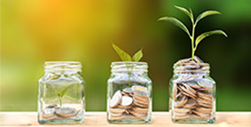 Growing trees on top of coins in three glass bottles with a nature background