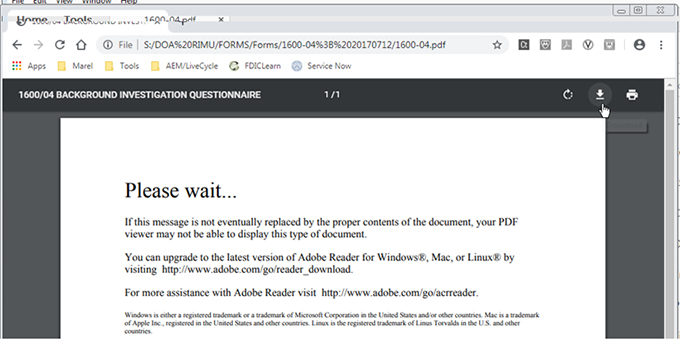 A screenshot showing Adobe Reader and a cursor clicking the Download icon