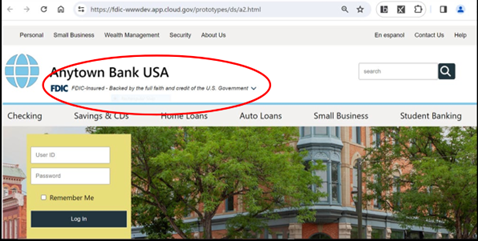 image of Anytown Bank USA Website with FDIC Digital Sign