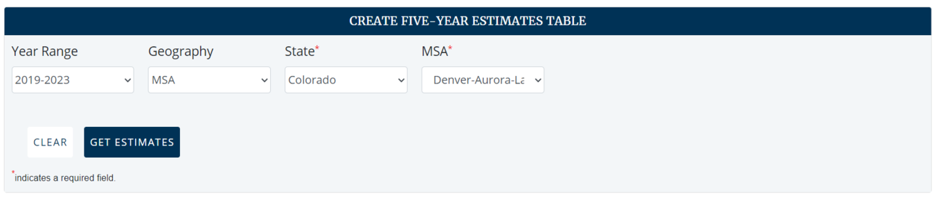 Screenshot of the Five-Year Estimates tool with options to create the data-table. with the information from the instructions.