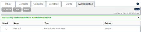 Secure Message inbox message: Successfully created multi-factor authentication device.