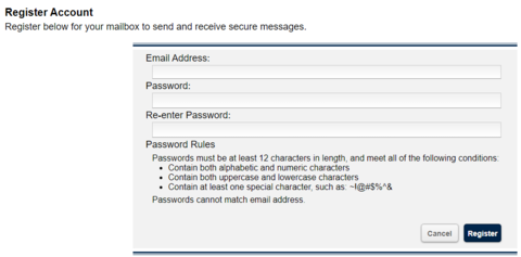 Message Center Register Account screen showing fields for email address, password, re-enter password fields.