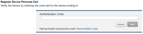 Message Center screen to register device asking for Authentication Code.