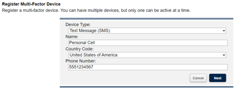 Message Center screen for registering for a multi-factor device.