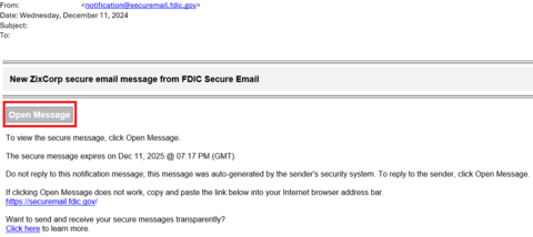 Sample message saying: New ZixCorp secure email message from FDIC Secure Email